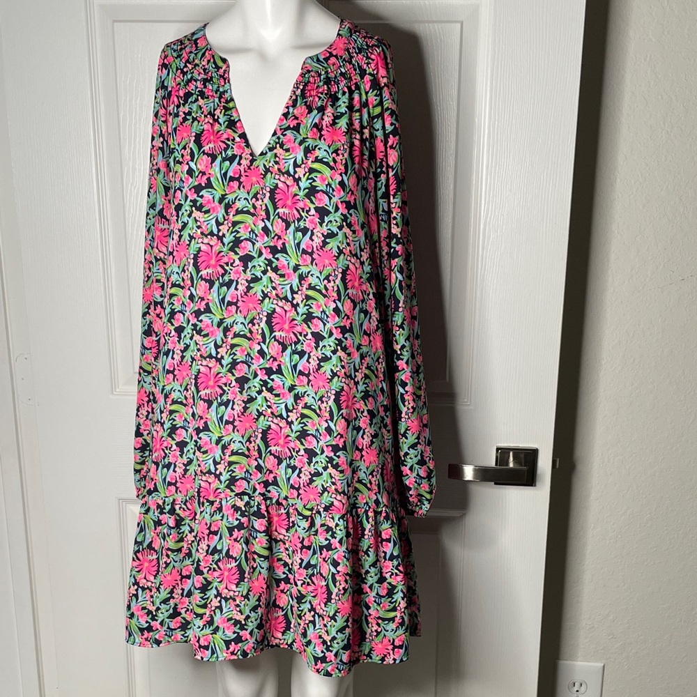 Lilly Pulitzer Lucee Long Sleeve Floral Dress Low Tide Navy Garden Variety